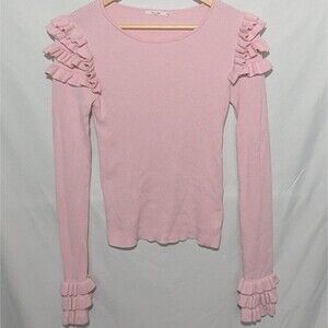 Tularosa Women's Pink Ribbed Sweater sz S Cropped Ruffle Sleeves Fairycore